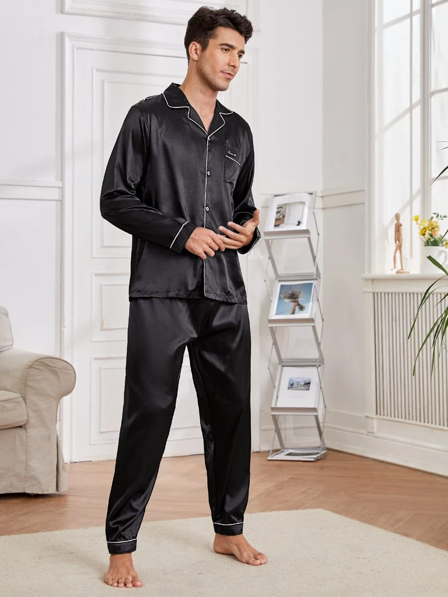 Men Letter Embroidery Contrast Piping Satin PJ Set / Pajama Set, Fall Clothes - Black - View 1