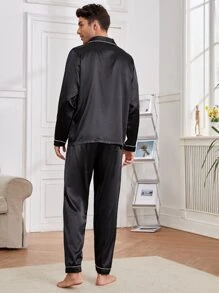 Men Letter Embroidery Contrast Piping Satin PJ Set / Pajama Set, Fall Clothes - Black - View 2