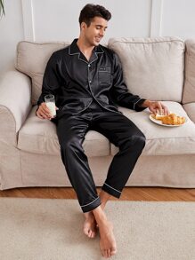 Men Letter Embroidery Contrast Piping Satin PJ Set / Pajama Set, Fall Clothes - Black - View 3