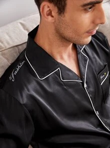 Men Letter Embroidery Contrast Piping Satin PJ Set / Pajama Set, Fall Clothes - Black - View 5