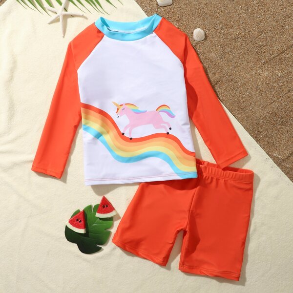 

Toddler Girls Unicorn Print Bikini Swimsuit, Orange