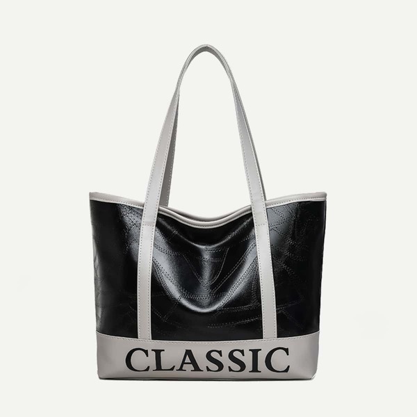 

Letter Graphic Trim Shoulder Tote Bag, Black