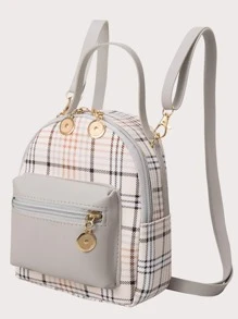 Mini Plaid Pattern Classic Backpack - Grey - View 2
