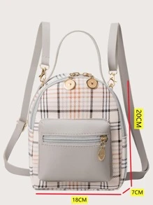 Mini Plaid Pattern Classic Backpack - Grey - View 3