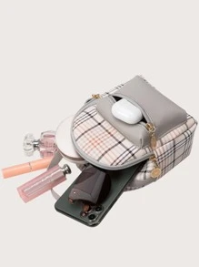 Mini Plaid Pattern Classic Backpack - Grey - View 4