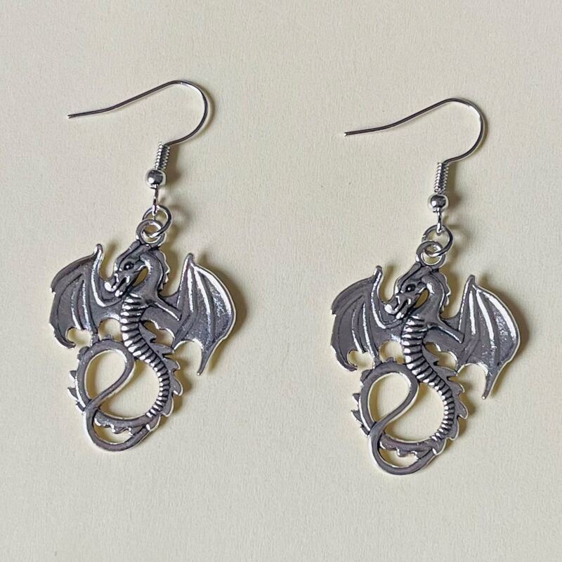 

Dragon Drop Earrings, Antique silver