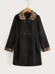 Girls Leopard Borg Collar Double Breasted Overcoat - Black - View 1
