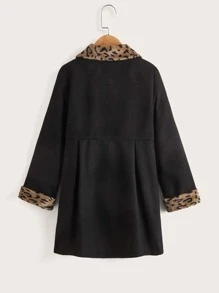 Girls Leopard Borg Collar Double Breasted Overcoat - Black - View 2