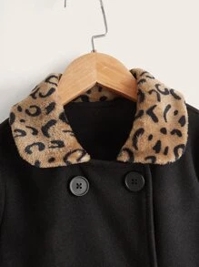 Girls Leopard Borg Collar Double Breasted Overcoat - Black - View 4