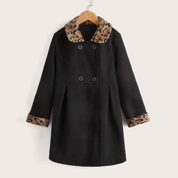 

Girls Leopard Borg Collar Double Breasted Overcoat, Black