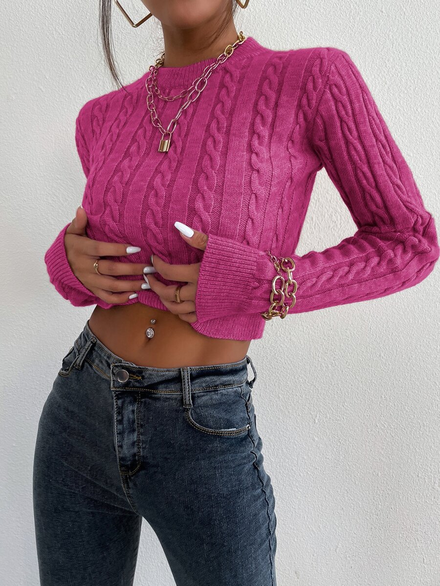 SHEIN Essnce Cable Knit Crop Jumper - Hot Pink - View 1