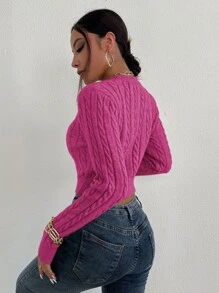 SHEIN Essnce Cable Knit Crop Jumper - Hot Pink - View 2