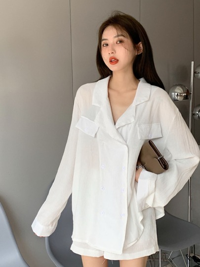 素色缺口西裝領翻蓋細節超大襯衫