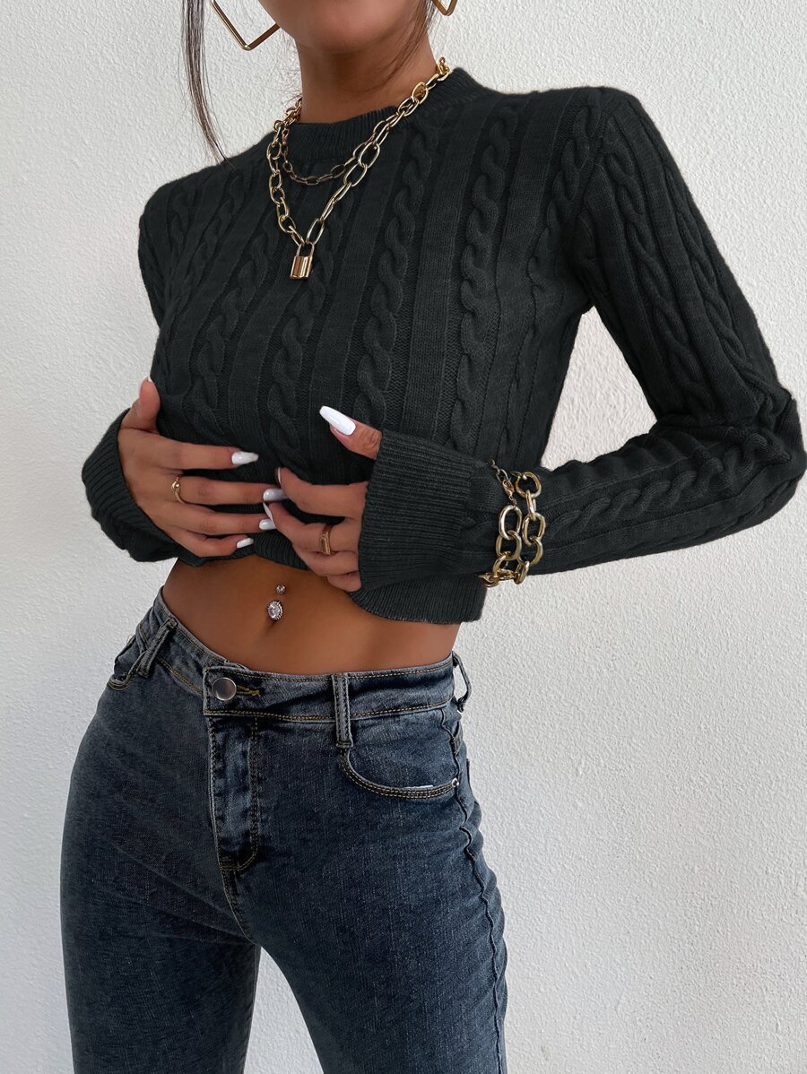 Chiquease Cable Knit Crop Sweater - Black - View 1