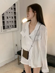 素色缺口西裝領翻蓋細節超大襯衫 - 白色 - 查看 2