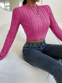 SHEIN Essnce Cable Knit Crop Jumper - Hot Pink - View 5