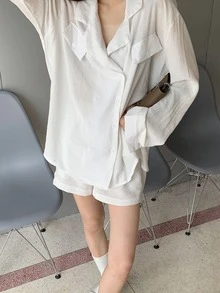 素色缺口西裝領翻蓋細節超大襯衫 - 白色 - 查看 5