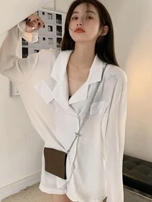 素色缺口西裝領翻蓋細節超大襯衫 - 白色 - 查看 6