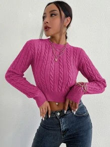 SHEIN Essnce Cable Knit Crop Jumper - Hot Pink - View 6