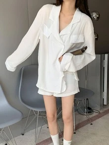 素色缺口西裝領翻蓋細節超大襯衫 - 白色 - 查看 7