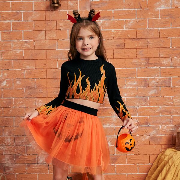 

Girls Fire Print Crop Tee & Halloween Print Mesh Skirt, Multicolor