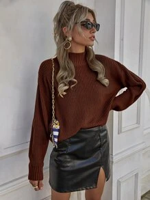 SHEIN Privé Áo len nữ màu trơn Giải trí - Cà phê nâu - Xem 1