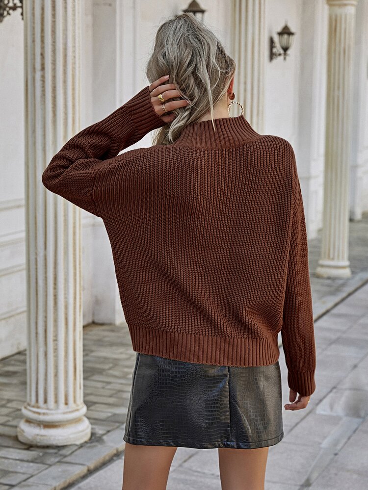 SHEIN Privé Áo len nữ màu trơn Giải trí - Cà phê nâu - Xem 2