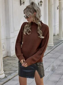 SHEIN Privé Áo len nữ màu trơn Giải trí - Cà phê nâu - Xem 4