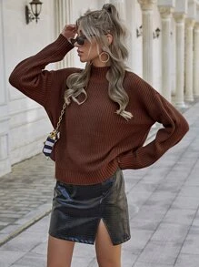 SHEIN Privé Áo len nữ màu trơn Giải trí - Cà phê nâu - Xem 5