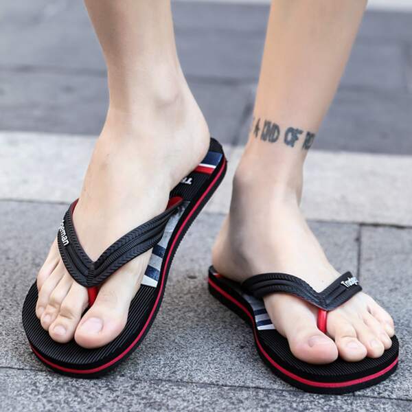 

Men Metal Letter Decor Flip Flops, Black
