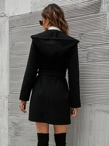 Slant Pockets Hooded Belted Overcoat - Black - View 2