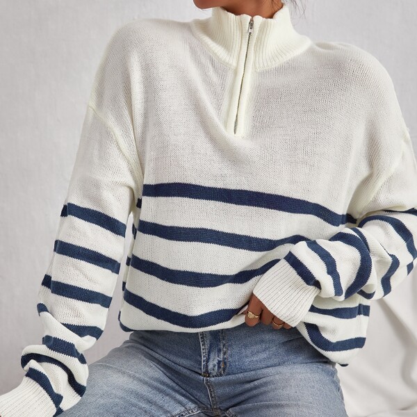 

Striped Pattern Half Zip Drop Shoulder Sweater, White