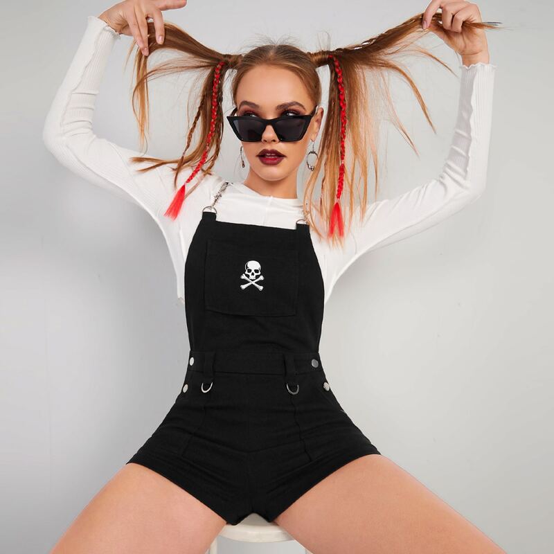 

Skull Print Patched Pocket Slant Pocket Overalls Without Tee, Black