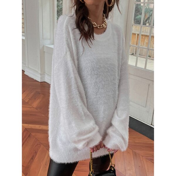 

Drop Shoulder Fluffy Knit Sweater, White