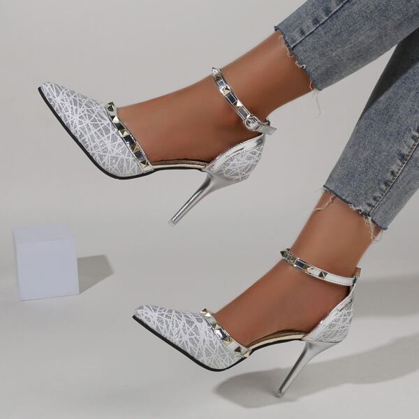 

Geometric Pattern Spiked Decor Stiletto Heeled Sandals, Silver
