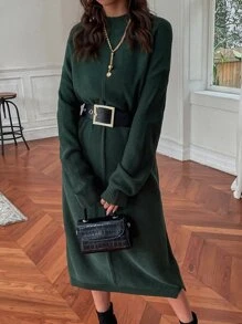 SHEIN Privé Vestido de punto unicolor de hombros caídos sin cinturón - Verde Oscuro - Ver 1