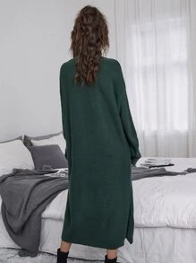 SHEIN Privé Vestido de punto unicolor de hombros caídos sin cinturón - Verde Oscuro - Ver 2