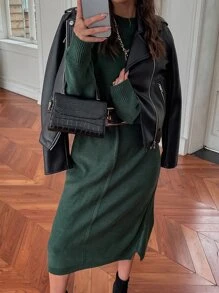 SHEIN Privé Vestido de punto unicolor de hombros caídos sin cinturón - Verde Oscuro - Ver 3