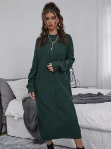 SHEIN Privé Vestido de punto unicolor de hombros caídos sin cinturón - Verde Oscuro - Ver 4