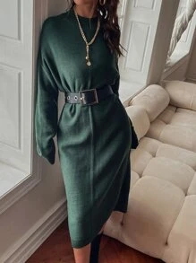 SHEIN Privé Vestido de punto unicolor de hombros caídos sin cinturón - Verde Oscuro - Ver 5