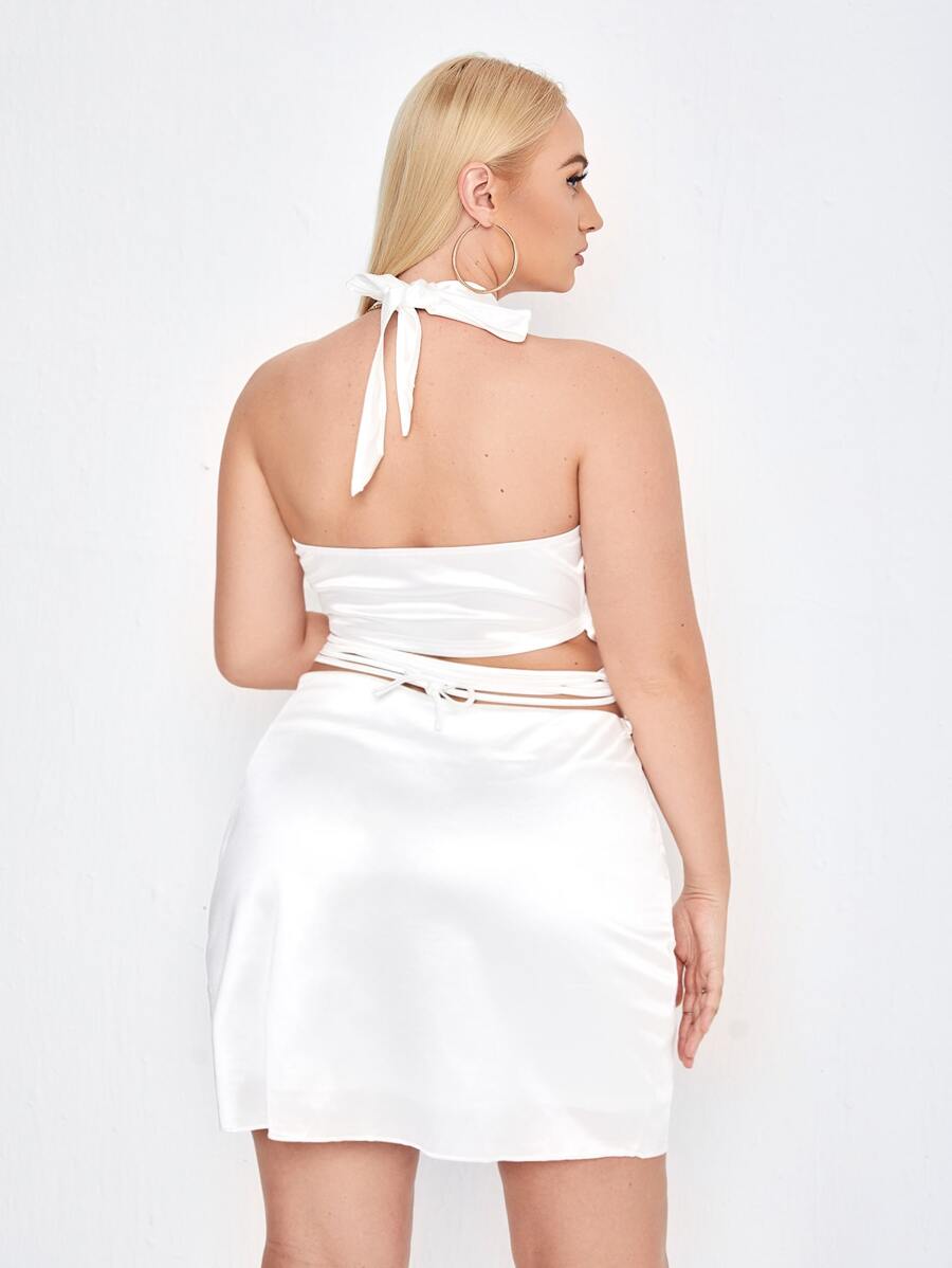 SHEIN Privé Bộ thời trang Plus Size Cắt ra Thắt nút màu trơn Gợi cảm - trắng - Xem 1