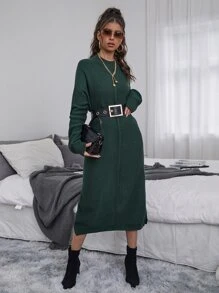 SHEIN Privé Vestido de punto unicolor de hombros caídos sin cinturón - Verde Oscuro - Ver 6