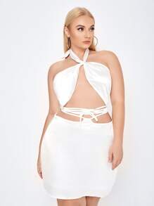 SHEIN Privé Bộ thời trang Plus Size Cắt ra Thắt nút màu trơn Gợi cảm - trắng - Xem 2