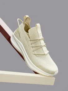 Lace Up Decor Knit Sneakers - Beige - View 2