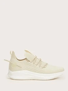 Lace Up Decor Knit Sneakers - Beige - View 5