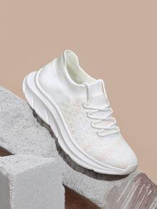 Cuccoo Minimalist Lace Up Decor Knit Running Shoes - White - View 2