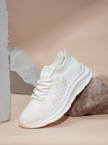 Cuccoo Minimalist Lace Up Decor Knit Running Shoes - White - View 4