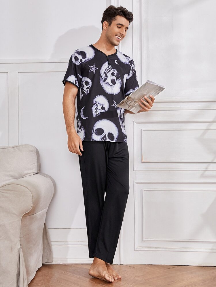 Men Skull Print PJ Set - Black and White - View 1