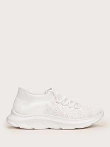 Cuccoo Minimalist Lace Up Decor Knit Running Shoes - White - View 5