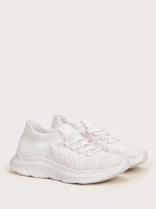 Cuccoo Minimalist Lace Up Decor Knit Running Shoes - White - View 6